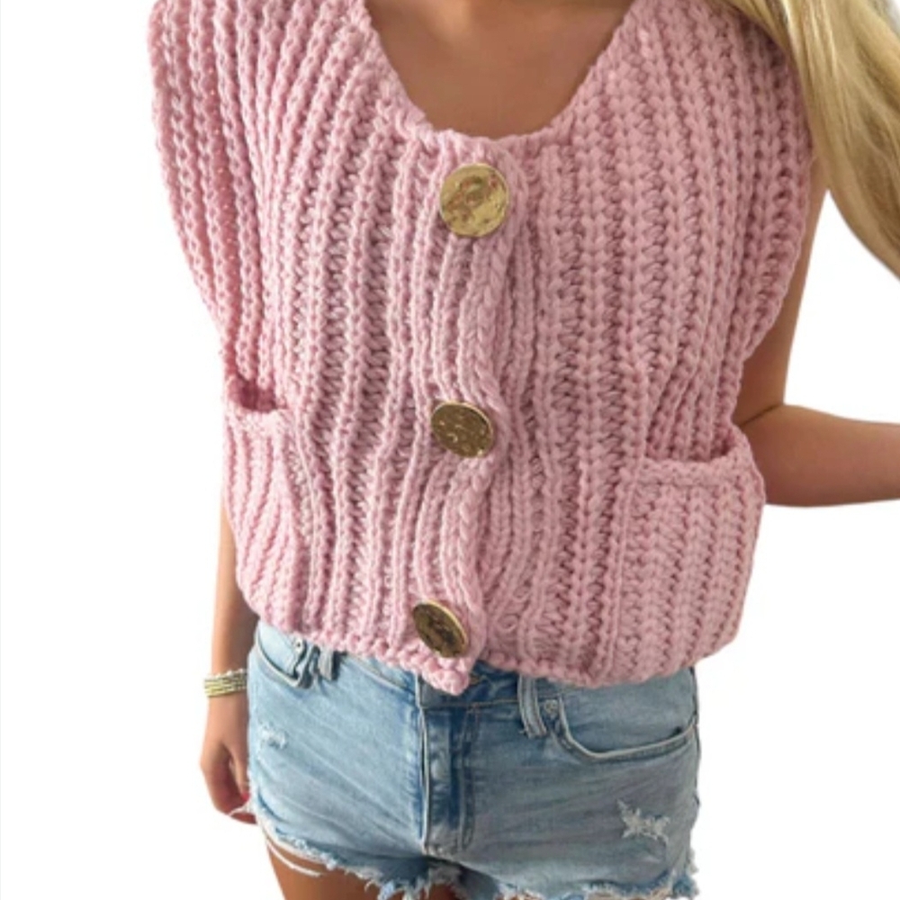 Cozy Pink Knit Cardigan Vest